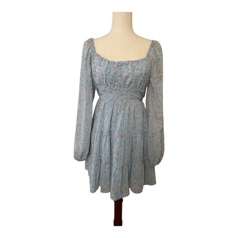 Altard State Womens Floral Babydoll Milkmaid Mini Dress Blue Long Sleeve Size S